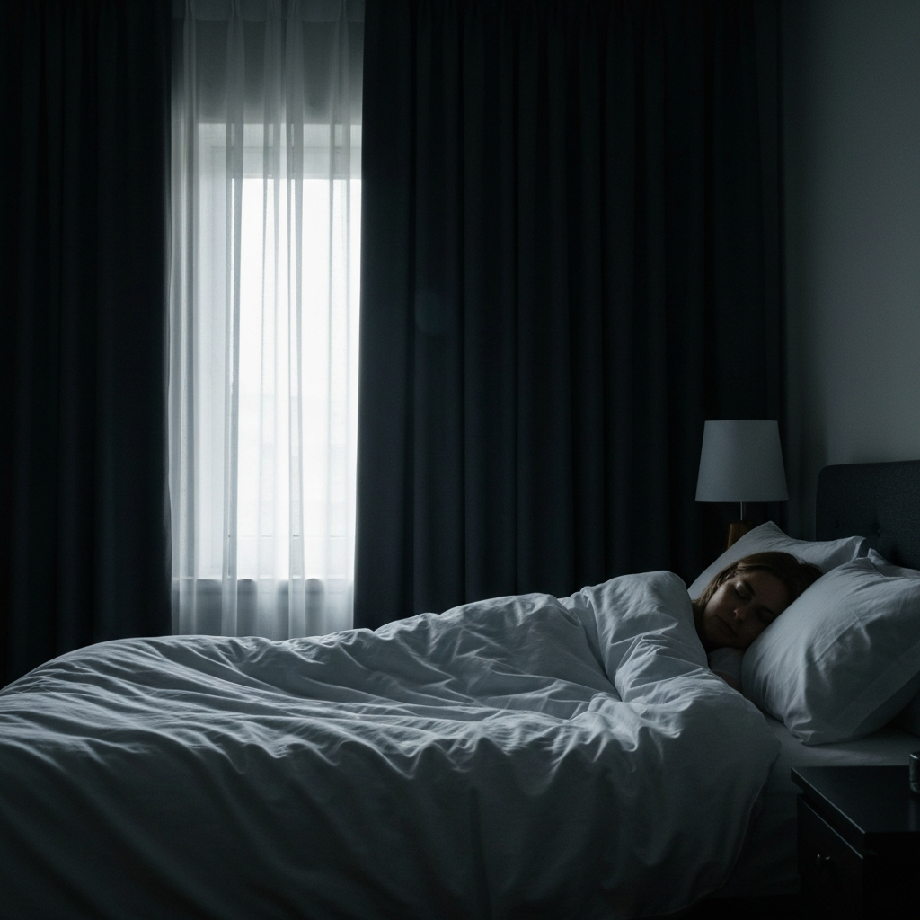 A dimly lit bedroom during the daytime. Blackout curtains are drawn, and a figure is sleeping peacefully under a duvet. Soft, diffused light filters around the edges of the curtains.