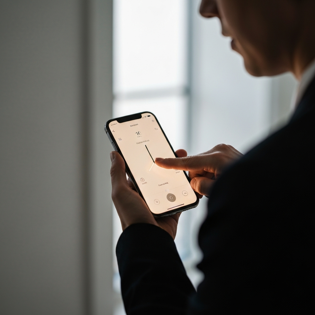 A person adjusting the alarm clock on their phone. The phone screen displays the time and alarm settings, with soft, warm lighting illuminating their hand.