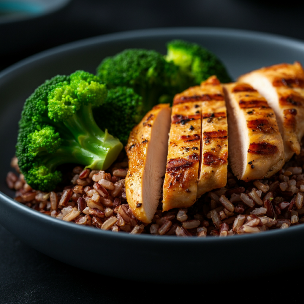A close-up shot of a healthy meal consisting of grilled chicken breast, brown rice, and steamed broccoli. The lighting is bright and highlights the textures of the food.