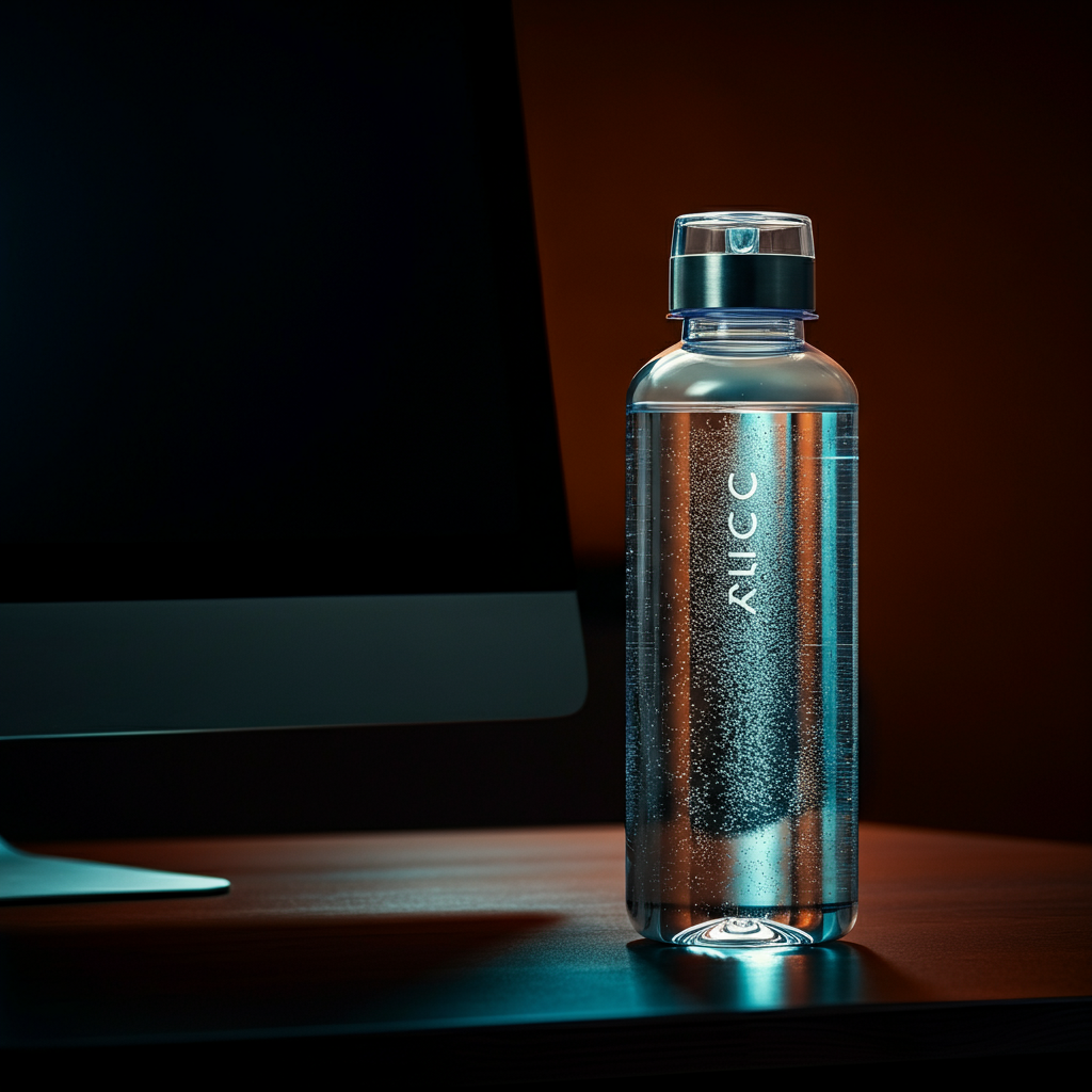 A translucent water bottle sitting on a desk next to a computer. The bottle is half-full, and the ambient light creates a subtle reflection on its surface.