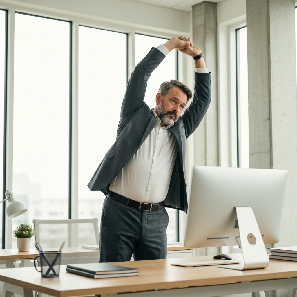 A person standing up from their desk and stretching their arms overhead. The room is brightly lit, and they are wearing professional attire.