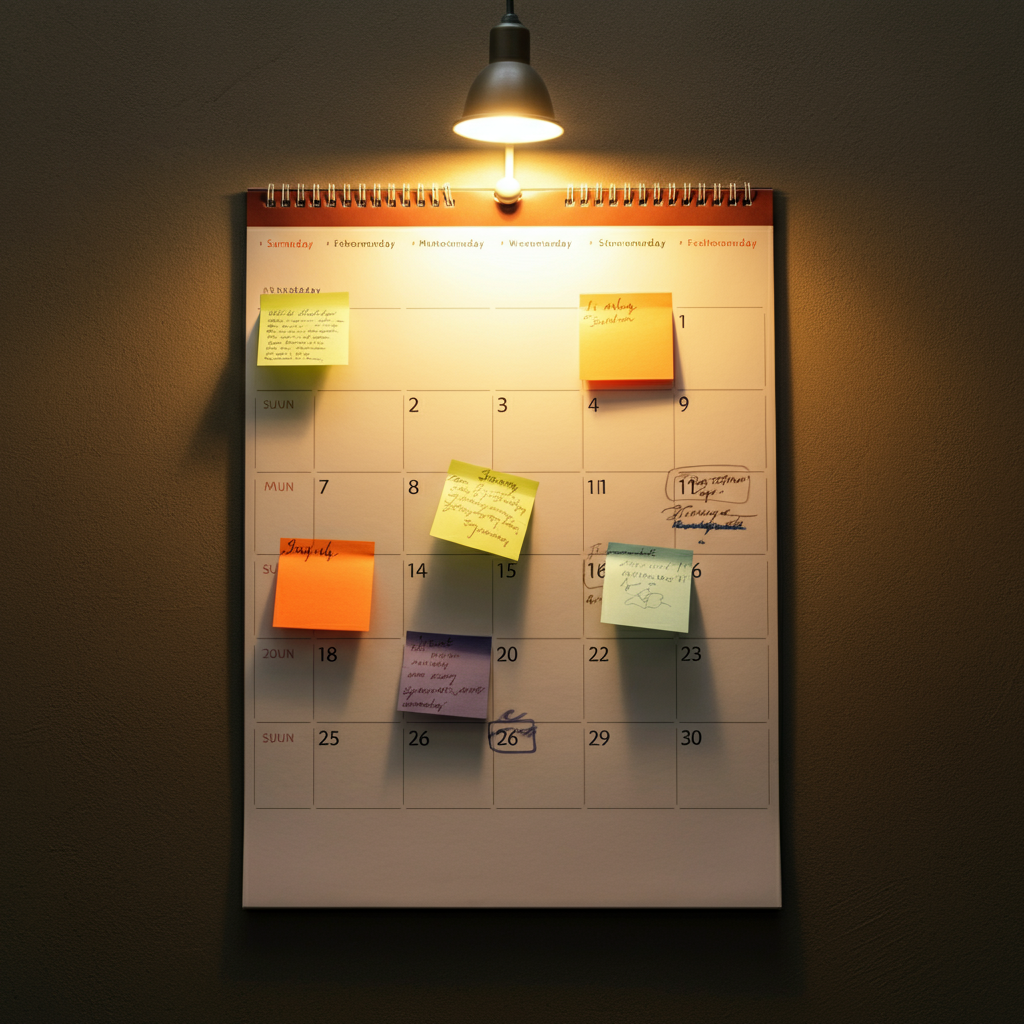 A calendar hanging on a wall, with various appointments and notes marked on different days. The lighting is even and highlights the details of the calendar entries.