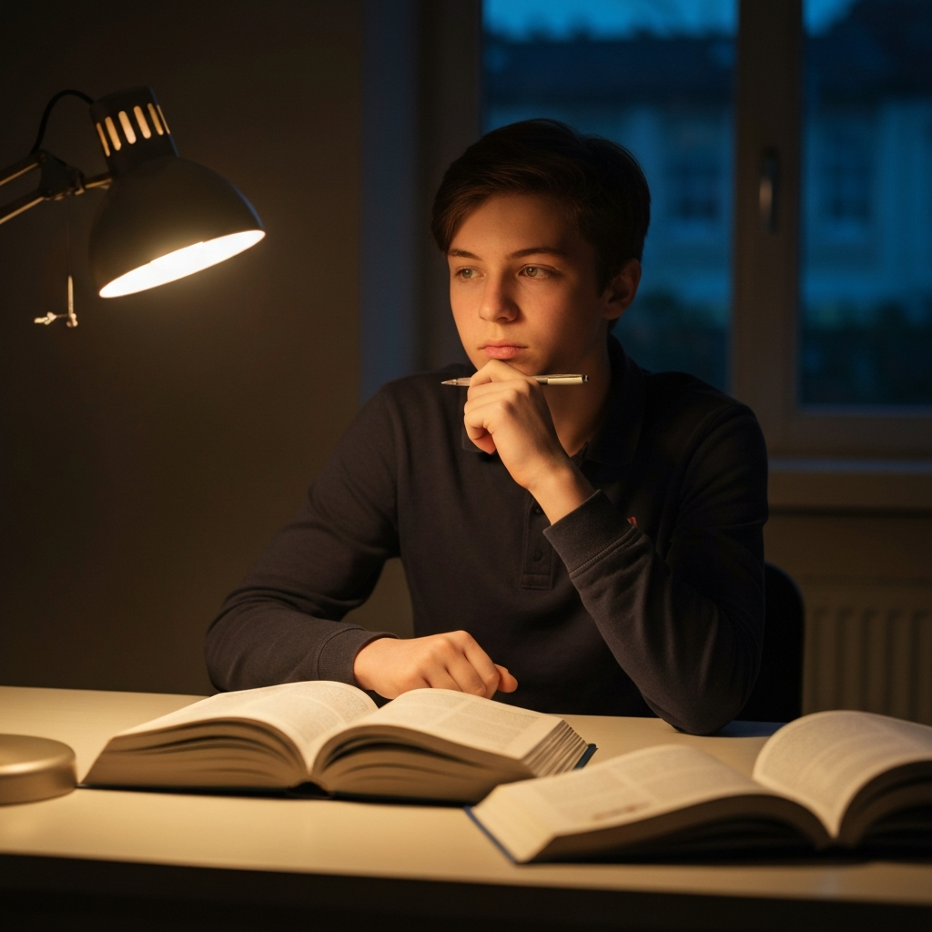 A teenager sits at a desk, illuminated by a warm desk lamp, with several riddle books open in front of them. They are thoughtfully tapping a pen against their chin, deep in concentration. Soft bokeh highlights the textbooks in the background.