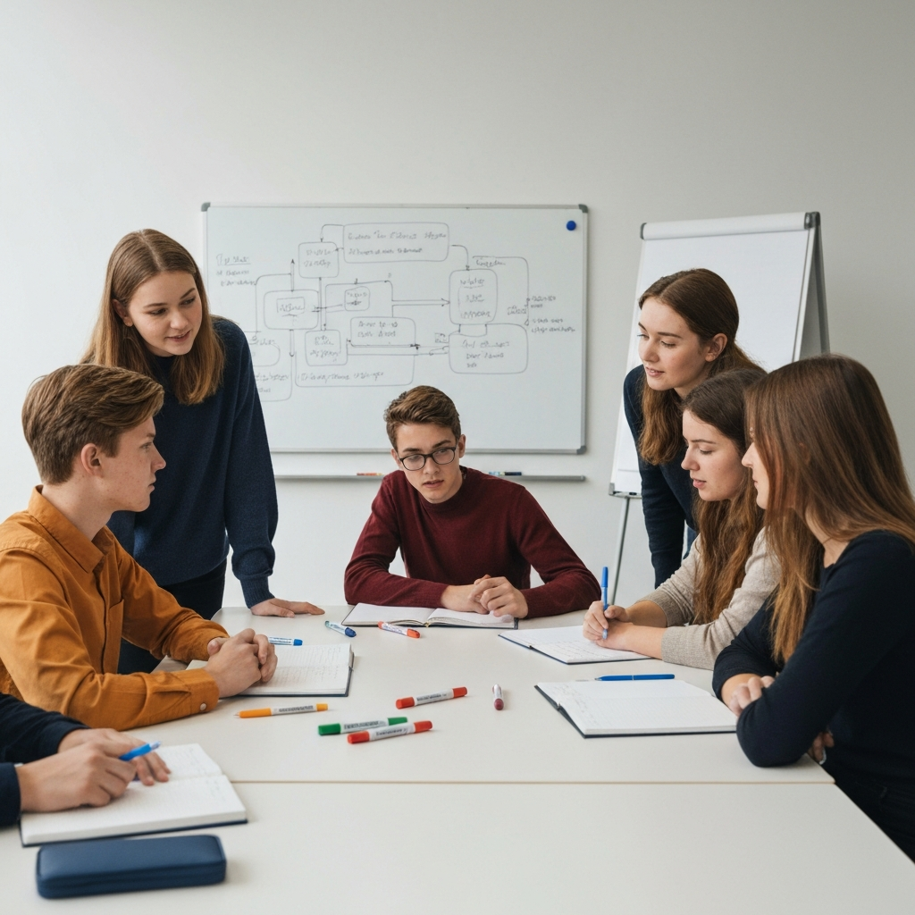 A group of teenagers are gathered around a table in a brightly lit classroom. They are animatedly discussing a complex diagram drawn on a whiteboard, with markers and notebooks scattered around. The lighting is even and professional.