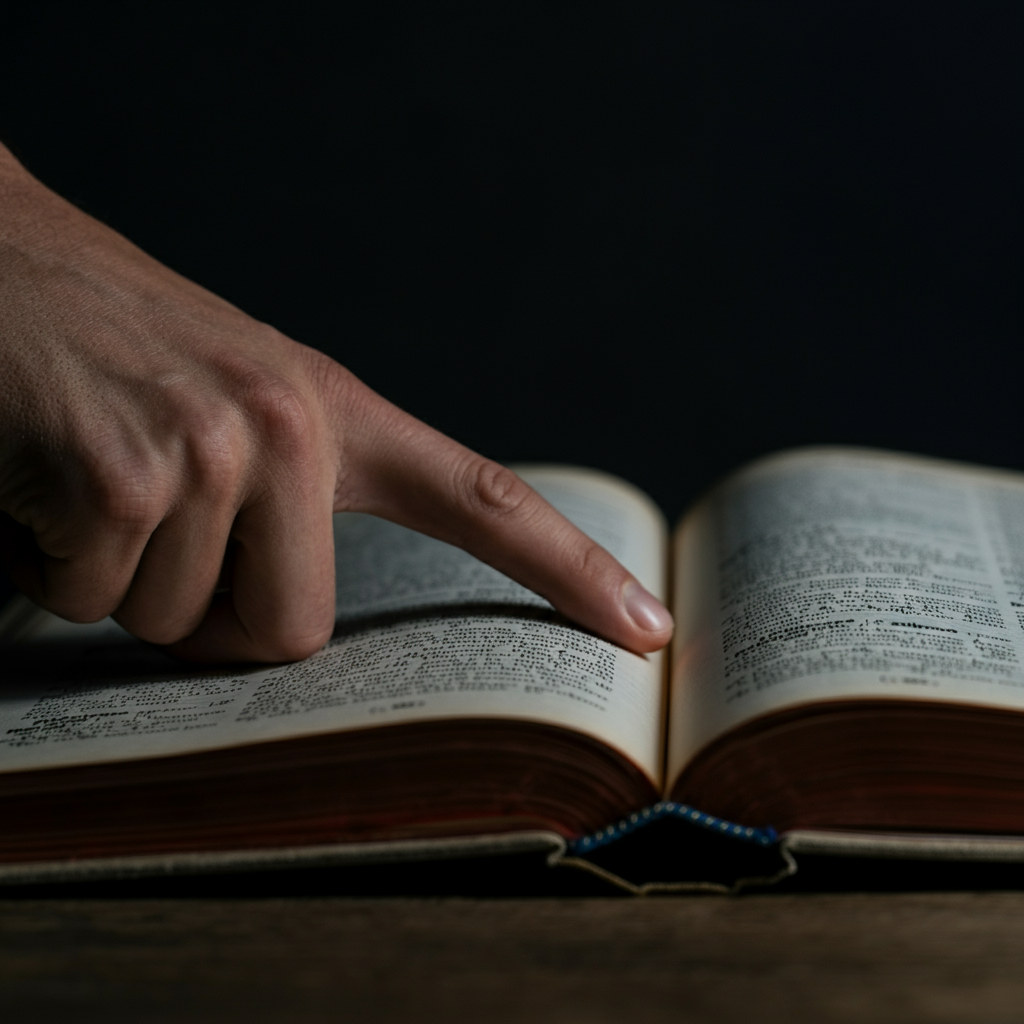 Close-up shot of a well-worn dictionary open to a page filled with definitions. The texture of the paper is visible under soft, diffused lighting. A finger points to a specific entry.