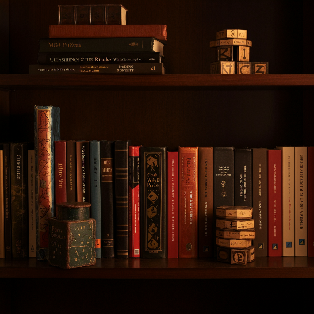 A bookshelf filled with various books, including logic puzzles, math textbooks, and collections of riddles. The books are neatly organized, and the lighting is warm and inviting.
