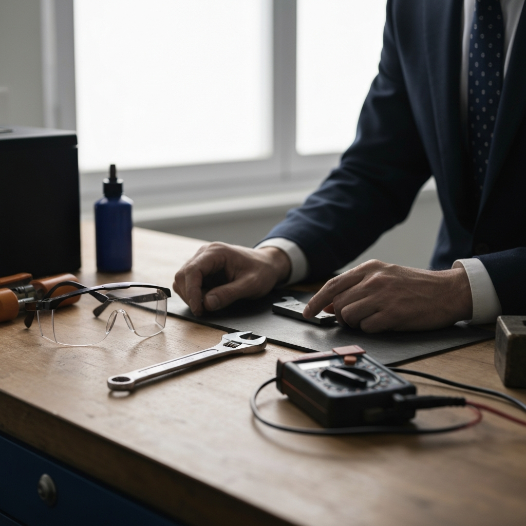 A workbench with a wrench, insulated screwdriver, safety glasses, and a multimeter neatly arranged under soft, diffused light.