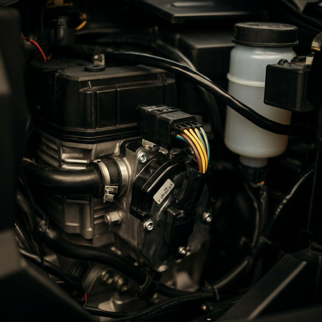 Close-up shot of a four-wheeler engine bay, focusing on a clean and easily identifiable solenoid. Wires are neatly organized and labeled with tags. Golden hour lighting highlights the textures of the metal and plastic components.