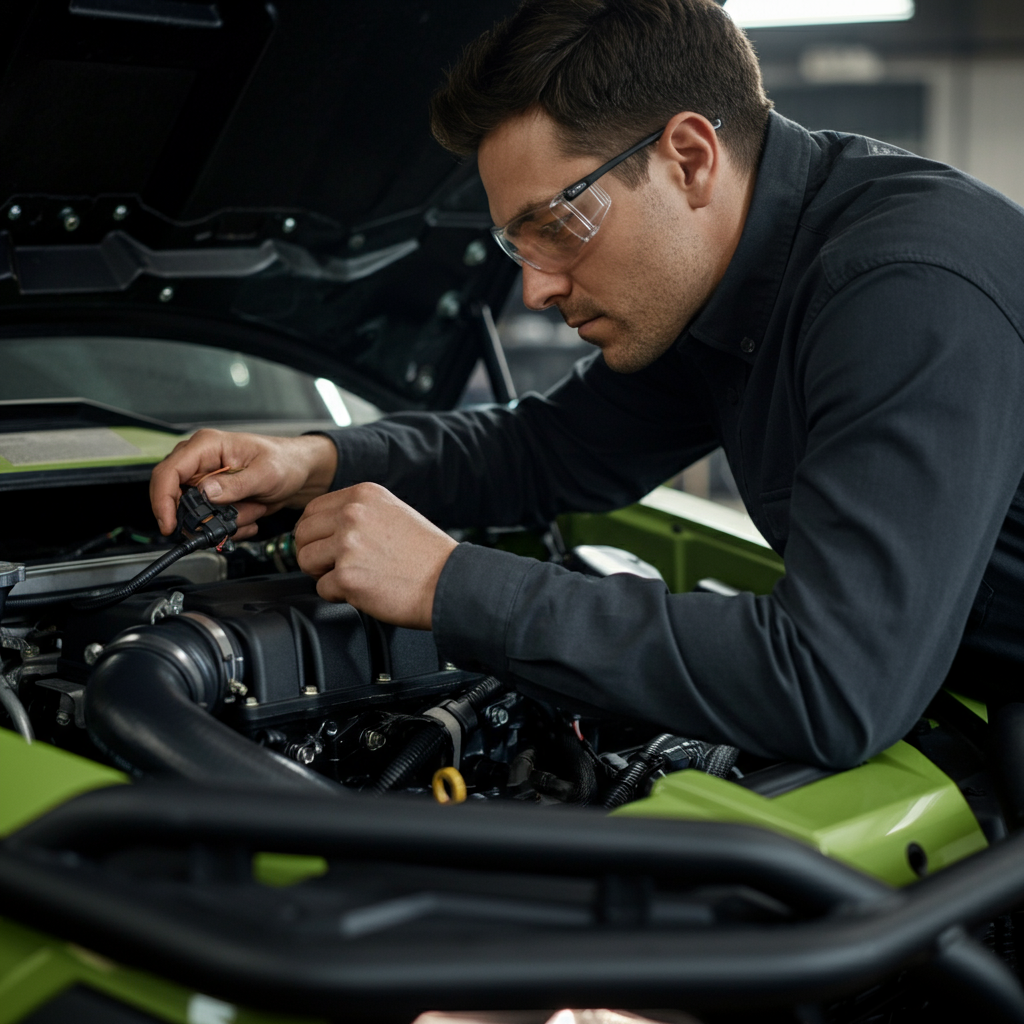 A person leaning over the engine bay of a four-wheeler, wearing safety glasses, and carefully inspecting the wiring connections with a focused expression. The scene is lit with natural daylight, highlighting the details of the engine components.