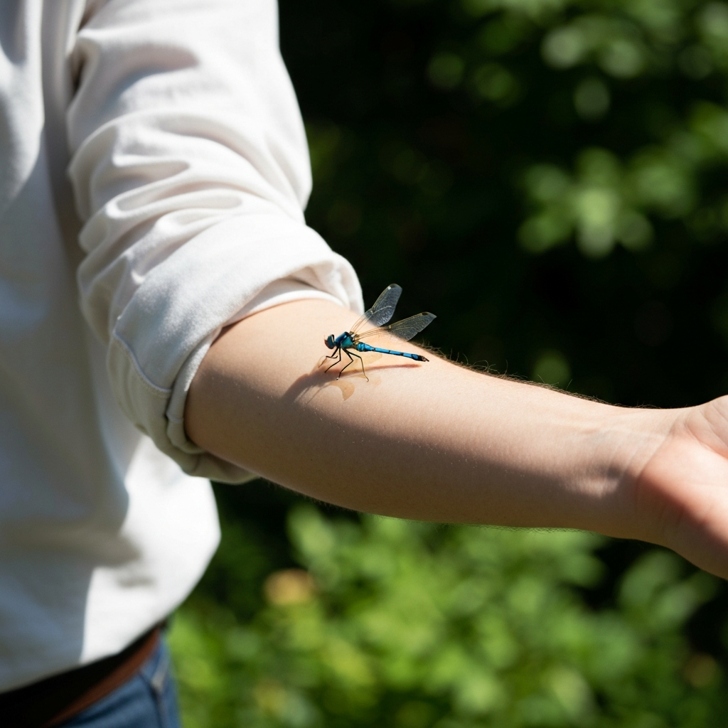 A person with rolled-up sleeves standing in a sun-drenched garden. A blue dragonfly rests on their forearm. Focus is sharp on the dragonfly and the texture of the person's skin, with a blurred background of green foliage and dappled sunlight.