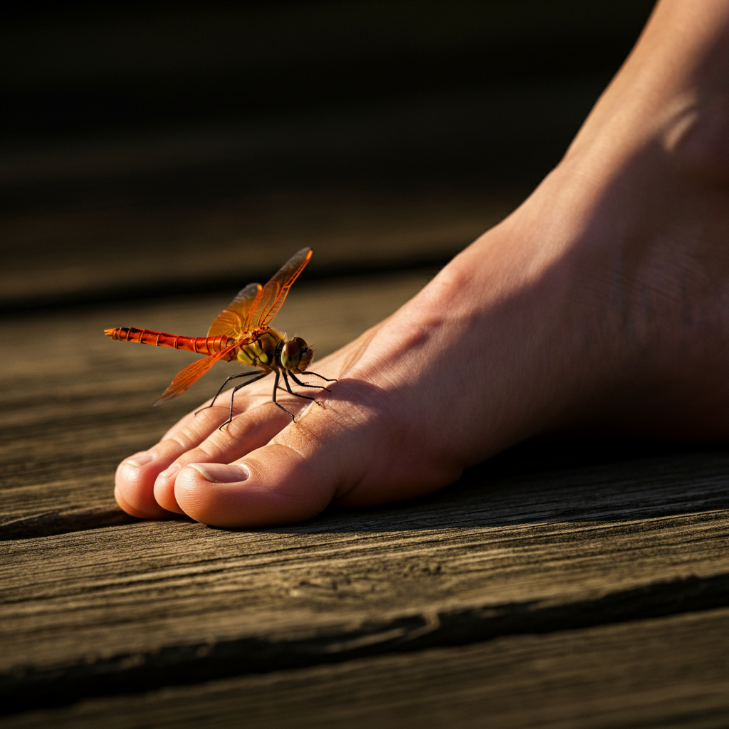 Close-up shot of a bare foot resting on a weathered wooden deck. A vibrant orange dragonfly is perched on the toes. The lighting is warm and natural, highlighting the textures of the wood and the dragonfly's delicate wings.