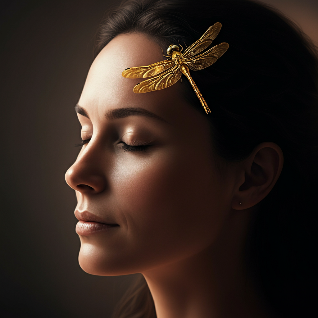 A woman with her eyes closed, meditating in a peaceful setting. A golden dragonfly is gently resting on her forehead. Soft, diffused lighting creates a sense of tranquility and inner peace. Her expression is serene and focused.