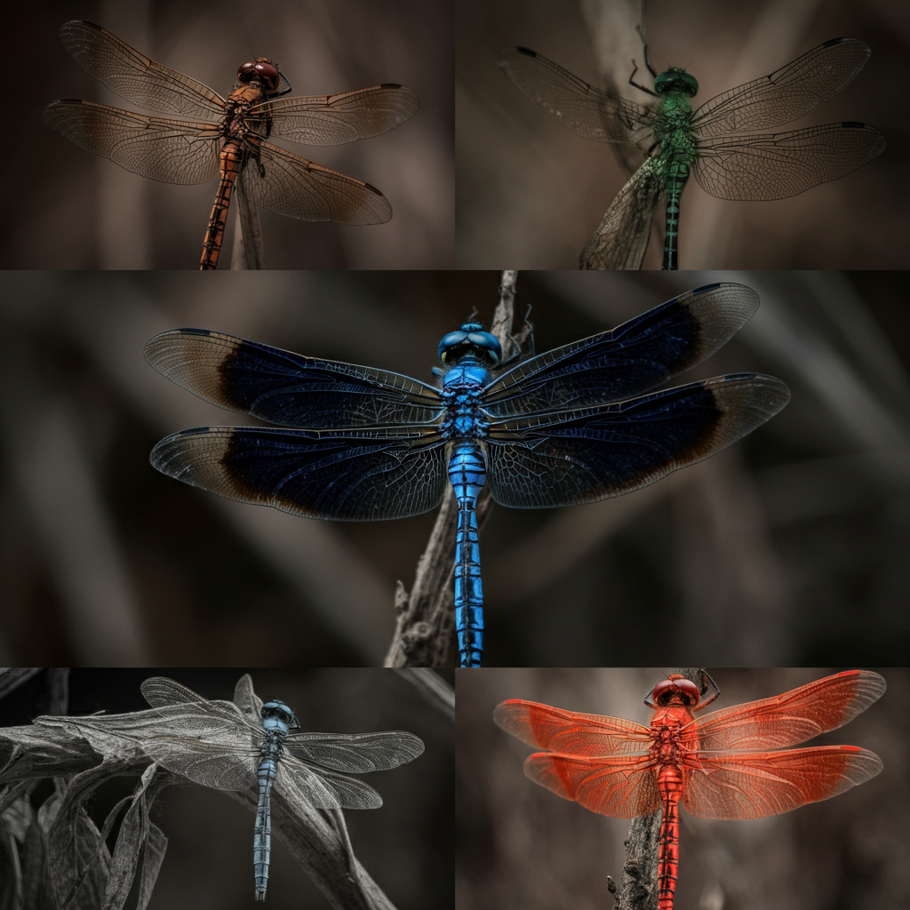 A collage of dragonfly images, each showcasing a different color mentioned above. Use soft lighting and shallow depth of field to highlight the individual dragonflies and their vibrant hues. The background is a neutral, blurred texture to avoid distraction.