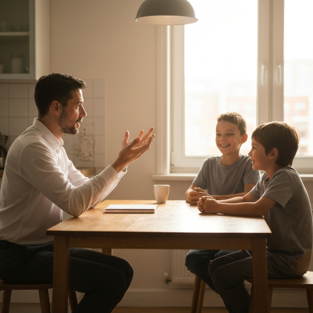 A parent sits at a kitchen table, eye level, explaining rules with gentle hand gestures to two smiling children across from them. Soft morning light streams through a window, illuminating the scene with a warm, familial glow.