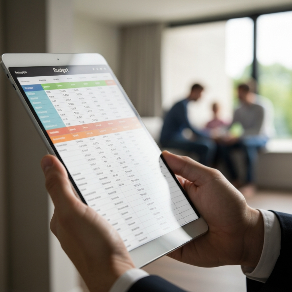 A hand holds a colorful budget spreadsheet on a tablet, close-up, with gentle side-lighting highlighting the textured surface of the screen. Soft bokeh of a family scene in the background.