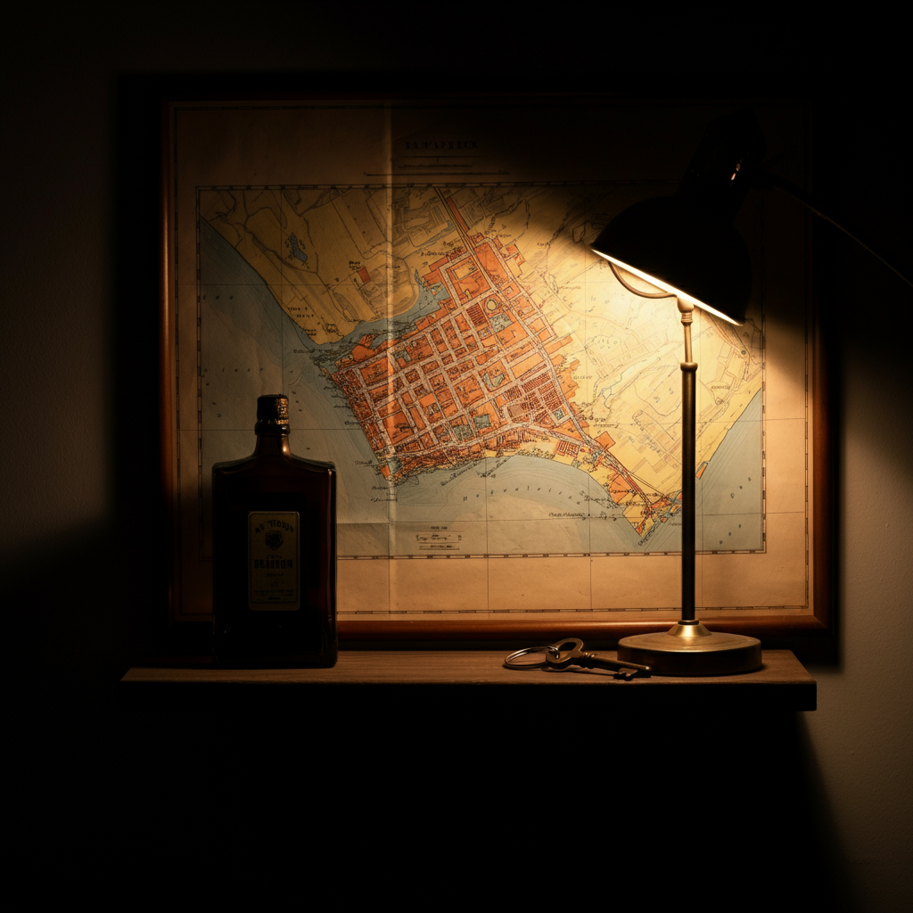 A vintage map of a local town hangs on a wall, softly illuminated by a nearby table lamp. A set of keys rests on a small shelf beneath the map.