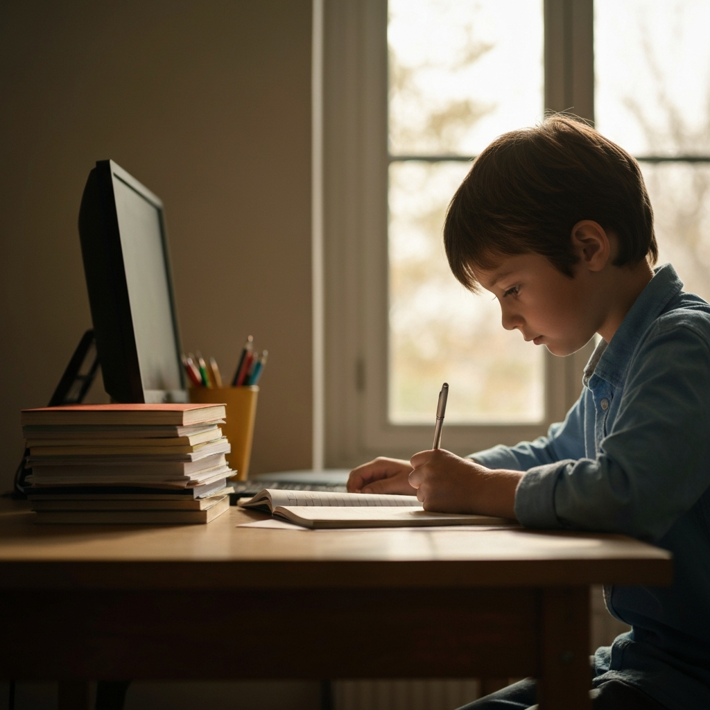 A child at a desk, diligently working on homework, with a stack of completed chores visible in the background. Natural light streams in from a nearby window, casting a warm glow on the scene.