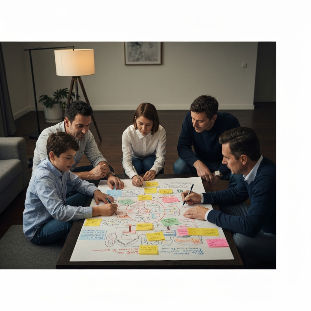 A family sits around a coffee table, sketching and writing ideas on a large sheet of paper. The paper is covered in colorful drawings and handwritten notes, illuminated by a warm table lamp.