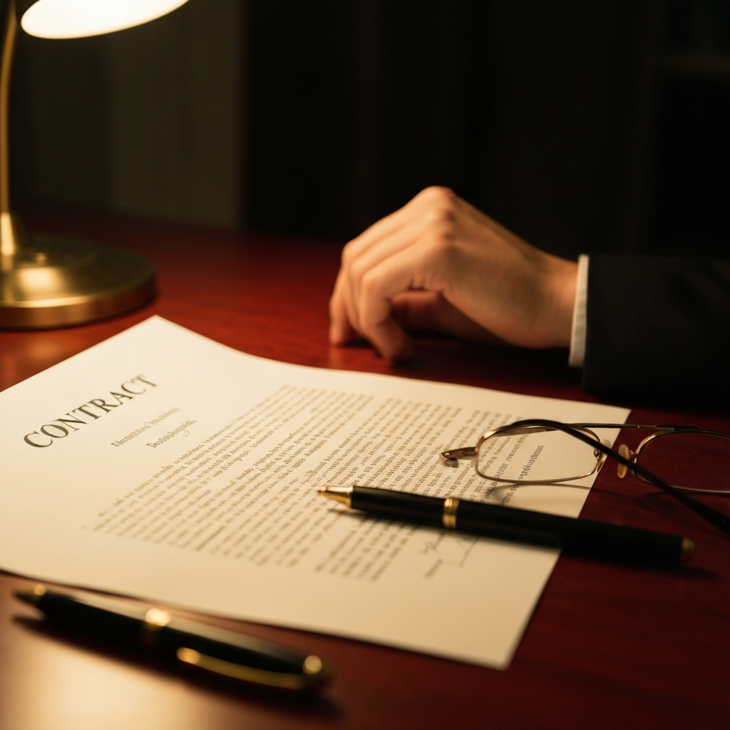 A close-up shot of a contract document on a mahogany desk. The document is partially obscured by a high-end pen and a pair of reading glasses. Soft, warm light from a nearby lamp illuminates the textured paper.