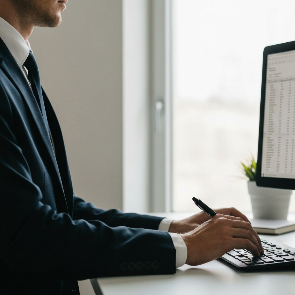 A side-lit view of an accountant's hands entering data into a spreadsheet on a large monitor. The ambient light is soft and professional, creating a sense of focused concentration.