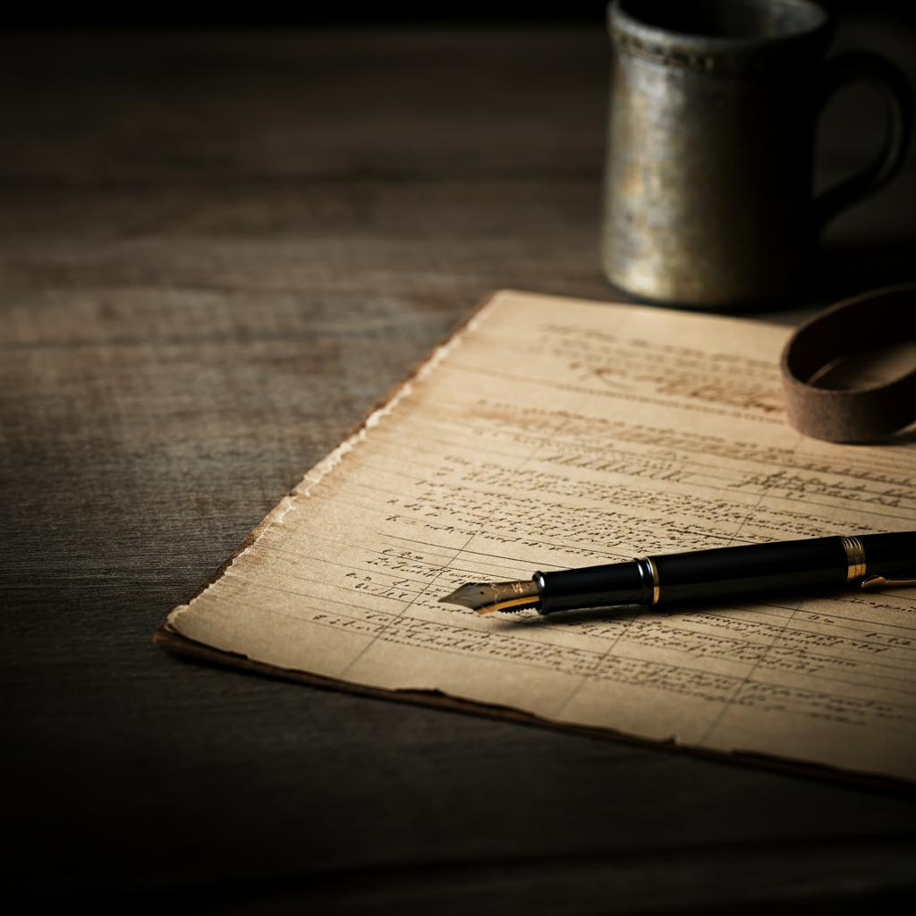 An overhead shot of a ledger with meticulously handwritten entries. The paper is slightly yellowed, indicating age and careful record-keeping. A fountain pen rests neatly beside the ledger.