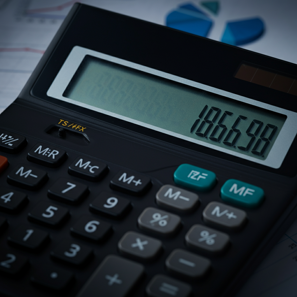 A close-up of a financial calculator displaying a complex equation. The calculator rests on a desk cluttered with financial reports and analytical charts. The lighting is bright and focused, highlighting the calculator's display.