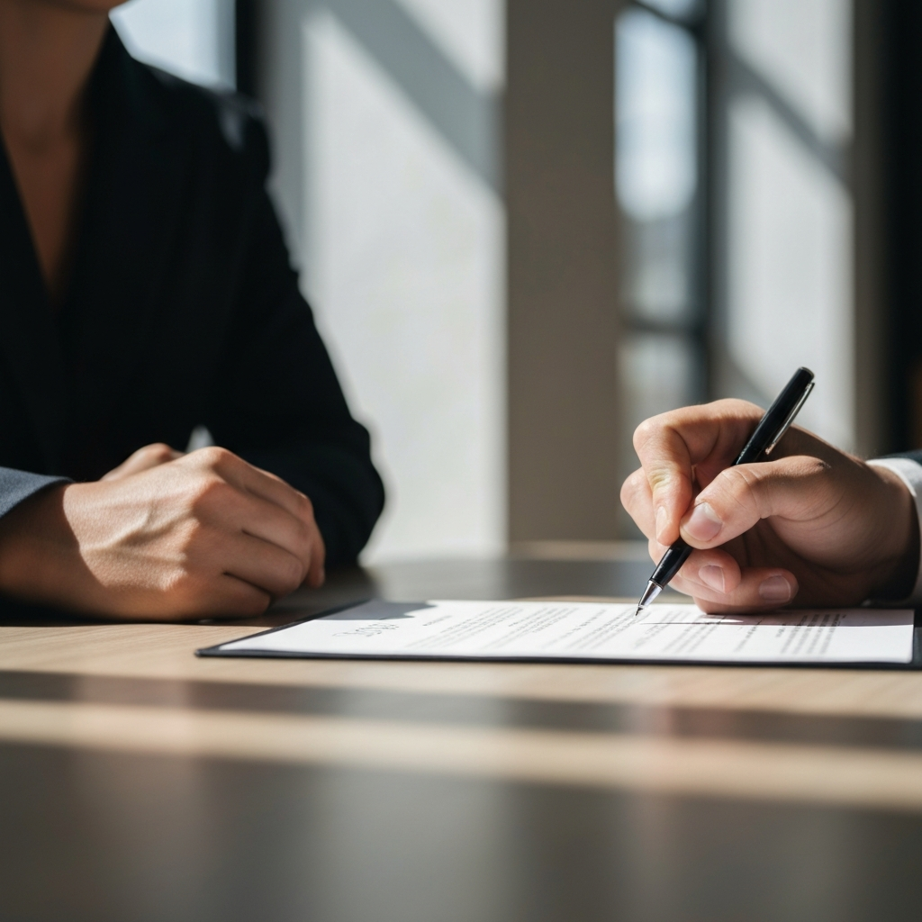 A close-up shot of a hand signing a document with a flourish. The document is lying on a table, illuminated by natural light streaming through a window. The background is blurred, emphasizing the act of signing.