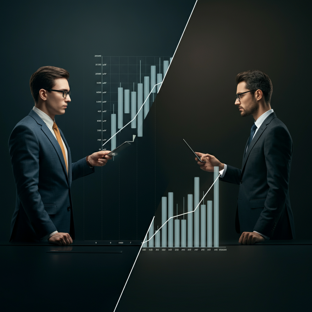 A split-screen graphic showing the buyer (left) and seller (right) in a transaction. Each person is looking at a graph showing commodity prices, but the prices shown for each role are the opposite.