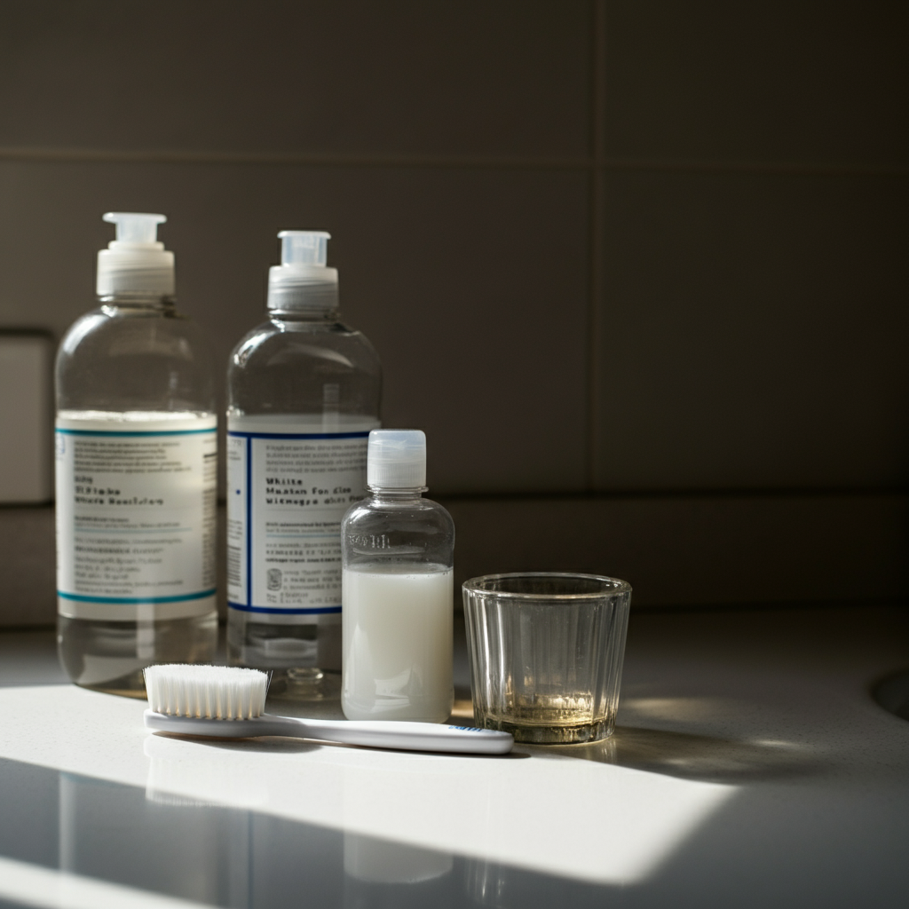 Close-up of a small glass jar, a white toothbrush, a bottle of white vinegar, and a bottle of dish soap arranged neatly on a clean countertop. Soft, diffused lighting.
