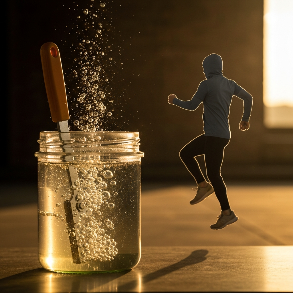 A time-lapse shot showing a can opener in a jar of vinegar. Bubbles gently rise as residue loosens over time. Soft bokeh background.