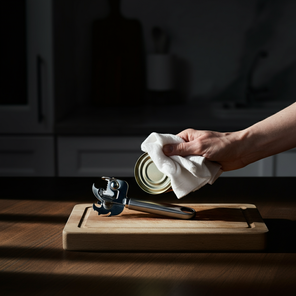 A hand carefully drying a can opener with a clean white cloth. The can opener is resting on a wooden cutting board. Golden hour lighting.