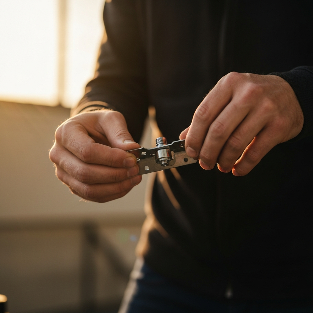 A person reassembling the blade bracket of an electric can opener. Focus on the hands and the precise alignment of the parts. Soft, natural lighting.