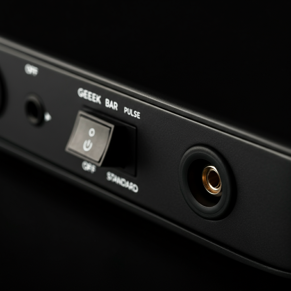 Macro shot of the bottom of the Geek Bar Pulse, focusing on the power switch. Soft, side-lit texture reveals the switch positions and markings (Off, Standard, Pulse). Shallow depth of field.