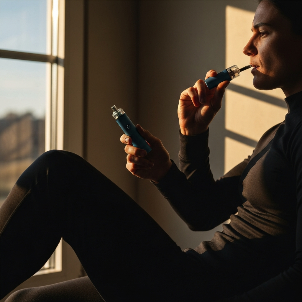 A person casually holding the Geek Bar Pulse and taking a small puff, indoors with natural lighting from a nearby window. The scene emphasizes relaxation and responsible usage.