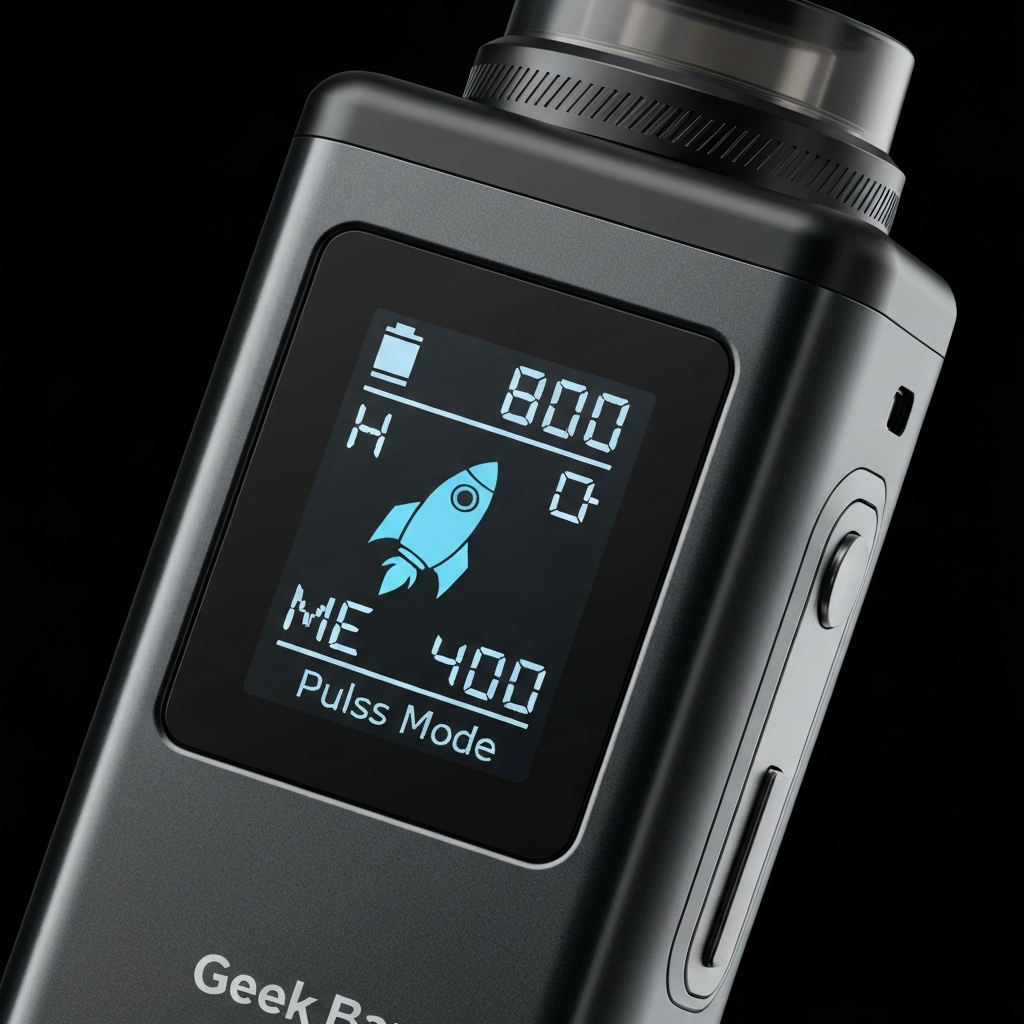 Close-up of the Geek Bar Pulse LED screen, brightly displaying the battery level, e-liquid level, and mode icon (rocket ship for Pulse Mode). High contrast lighting ensures clear visibility of the screen's details.