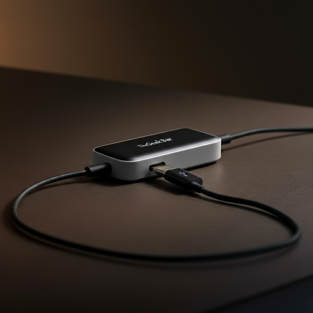 The Geek Bar Pulse plugged into a USB-C charger, sitting on a desk with a neutral-colored background. The cable is neatly arranged, and soft, ambient lighting illuminates the charging device.