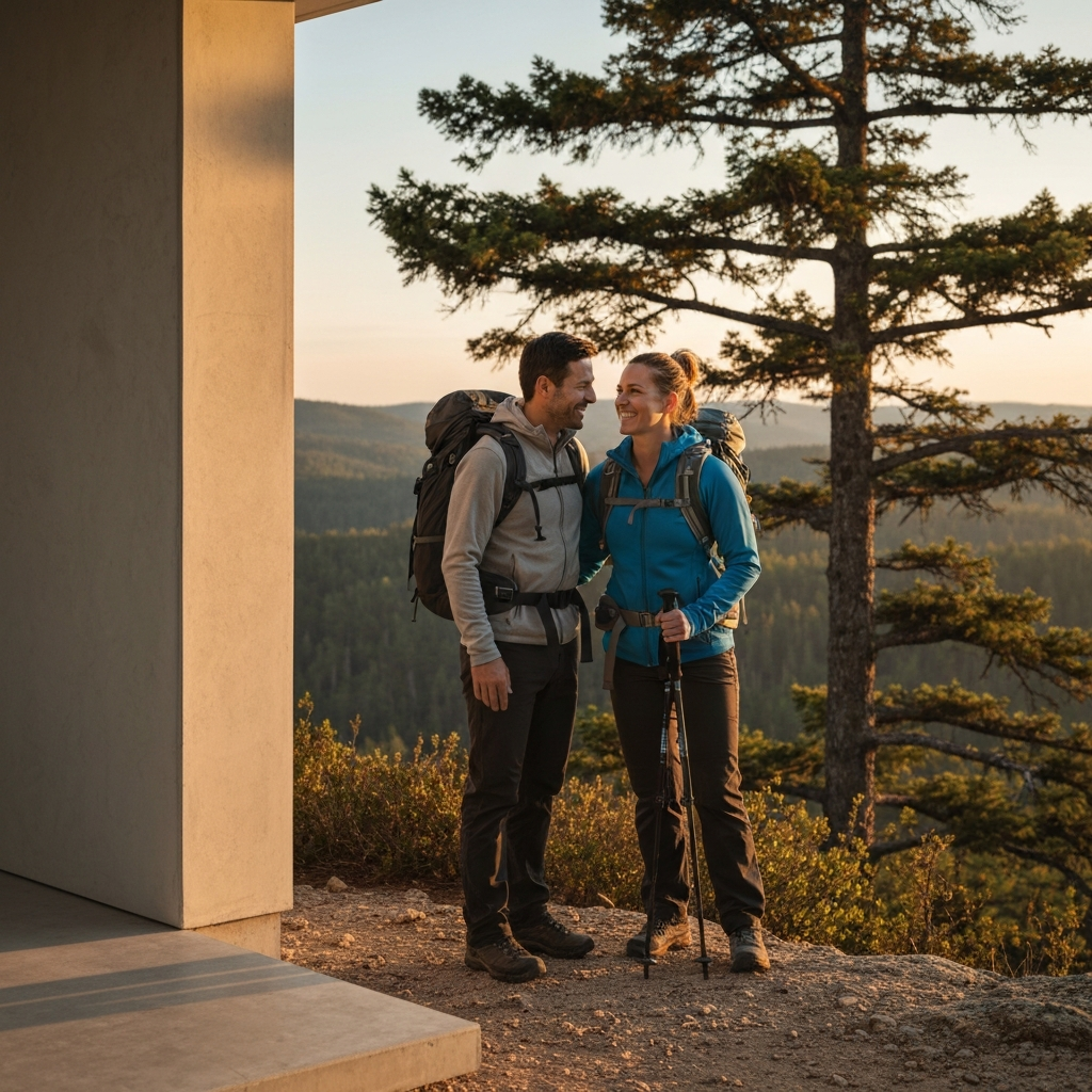 A couple, dressed in hiking gear, pauses on a scenic overlook during a hike. Golden hour light bathes the landscape in warm hues, highlighting the textures of the trees and rocks. They are smiling at each other, a sense of accomplishment and shared joy evident in their expressions.