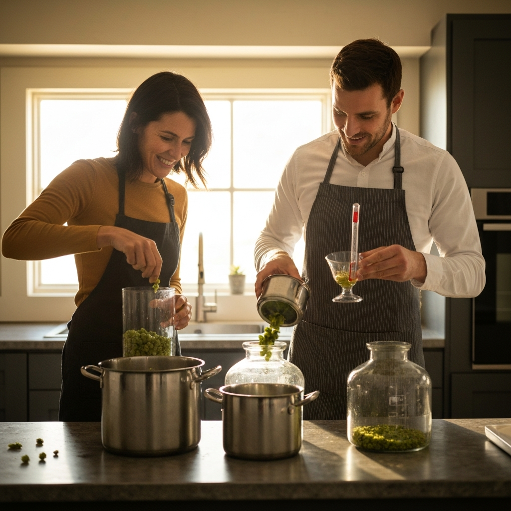 A couple in a well-lit kitchen, carefully measuring ingredients for a home brewing batch. Stainless steel pots and glass carboys gleam under the bright light. One is pouring hops into a vessel, the other is monitoring a thermometer, both focused and enjoying the process.