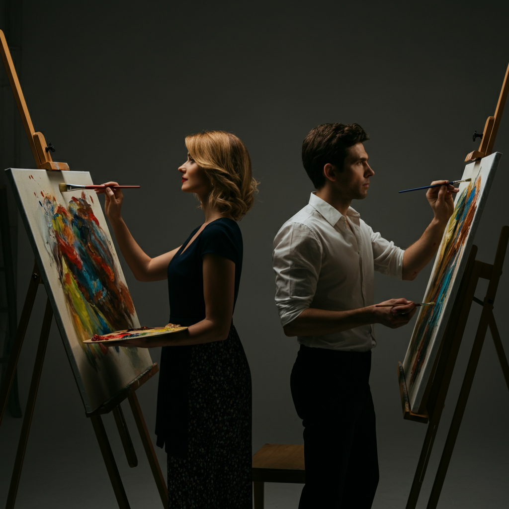 A couple standing side-by-side at easels in a bright studio, both absorbed in their paintings. Canvases are splattered with color, brushes are in hand, and the air is filled with the scent of oil paint. Side-lit textures on the canvas show the paint application.