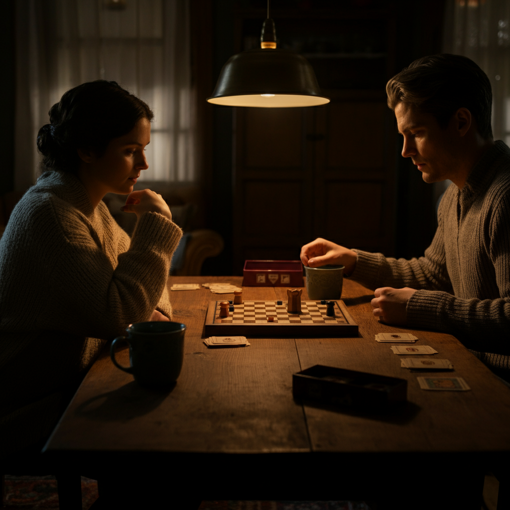 A couple sitting at a wooden table in a cozy living room, engrossed in a board game. Soft lamplight illuminates the game board and their focused expressions. Empty mugs of tea sit nearby, suggesting a relaxed and comfortable atmosphere.