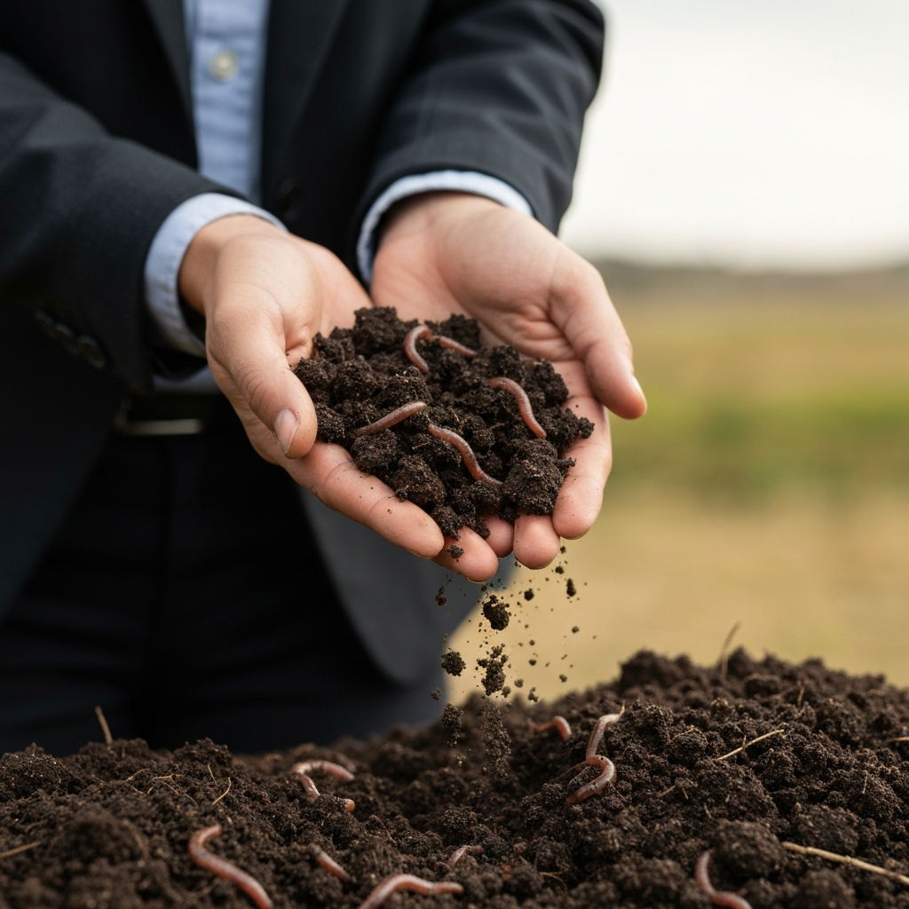 A close-up shot of healthy soil being sifted by hand, with visible earthworms and decaying organic matter. Soft, diffused light highlights the rich texture of the soil.