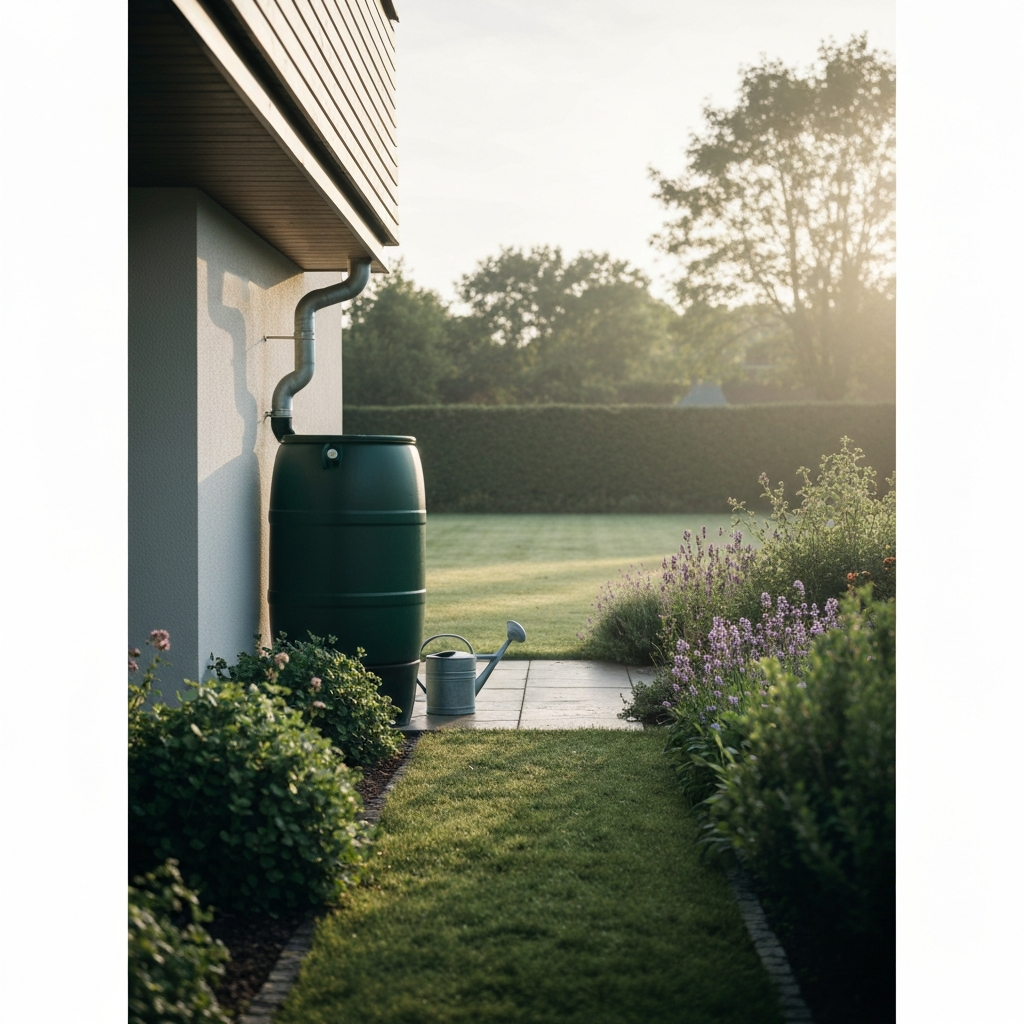 A wide shot of a lush garden featuring a dark green rain barrel positioned neatly underneath a house gutter downspout. A watering can is visible nearby. Soft morning light creates a peaceful atmosphere.