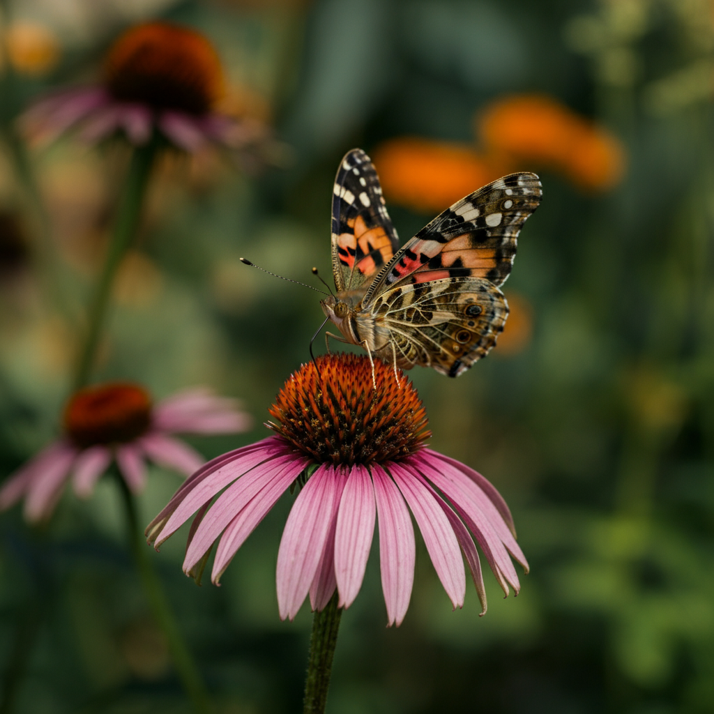 A close-up of a vibrant butterfly resting on a purple coneflower in a sunny garden. The background is blurred with soft bokeh, showcasing other colorful blooms.