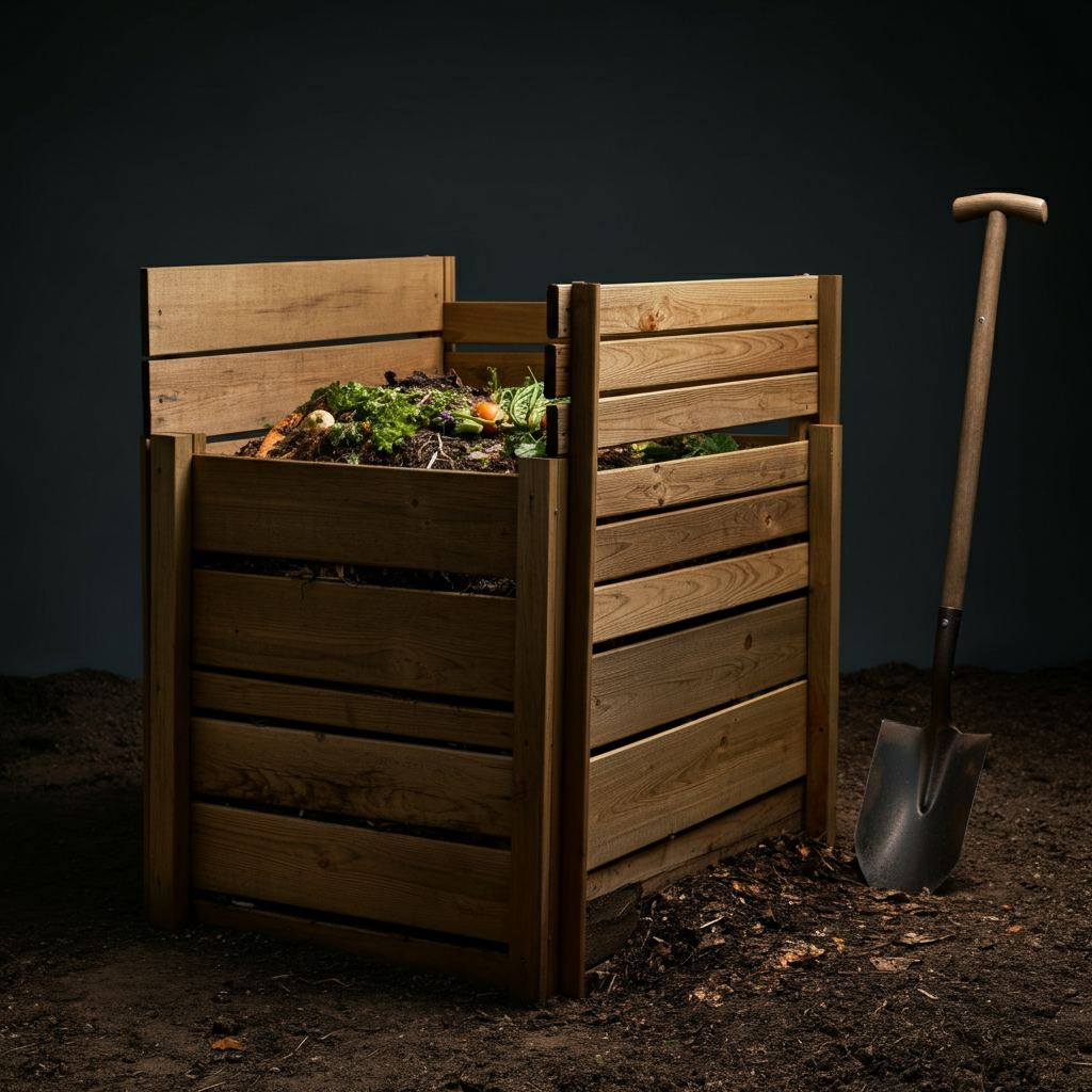 A side-lit shot of a wooden compost bin in a backyard.  The compost inside is visibly decomposing with recognizable organic matter, like leaves and vegetable scraps.  A shovel rests nearby.