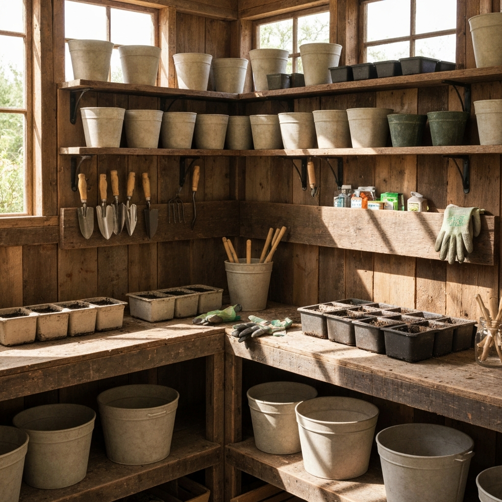 A shot of a well-organized potting shed with various recycled containers being used for seed starting. Reclaimed wood shelves hold gardening tools and supplies. Soft daylight fills the space.