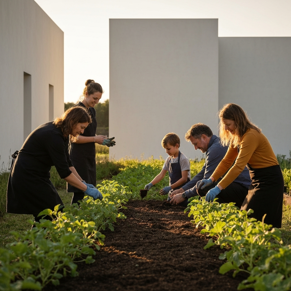 A group of people, including adults and children, working together in a community garden. They are planting seeds and tending to the plants. The scene is bathed in golden hour lighting, creating a warm and inviting atmosphere.