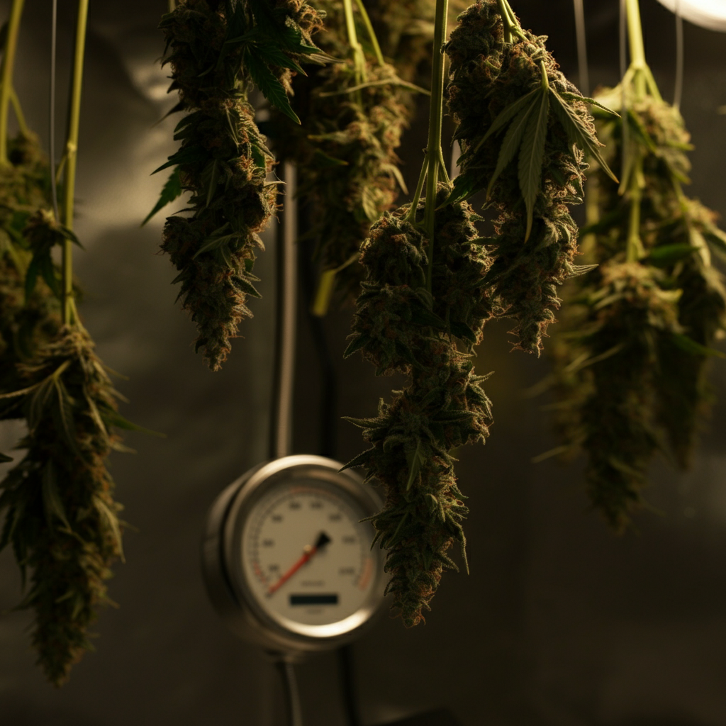 A well-lit room with cannabis branches hanging upside down from wires. Soft, diffused lighting illuminates the buds, showcasing their texture and trichome coverage. A hygrometer is visible in the background, displaying humidity and temperature readings.