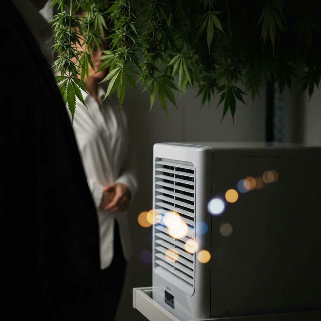 A close-up shot of a dehumidifier in a drying room, with cannabis branches hanging in the background. Soft bokeh effect on the dehumidifier, highlighting the importance of environmental control. The lighting is subtle, emphasizing the darkness of the room.