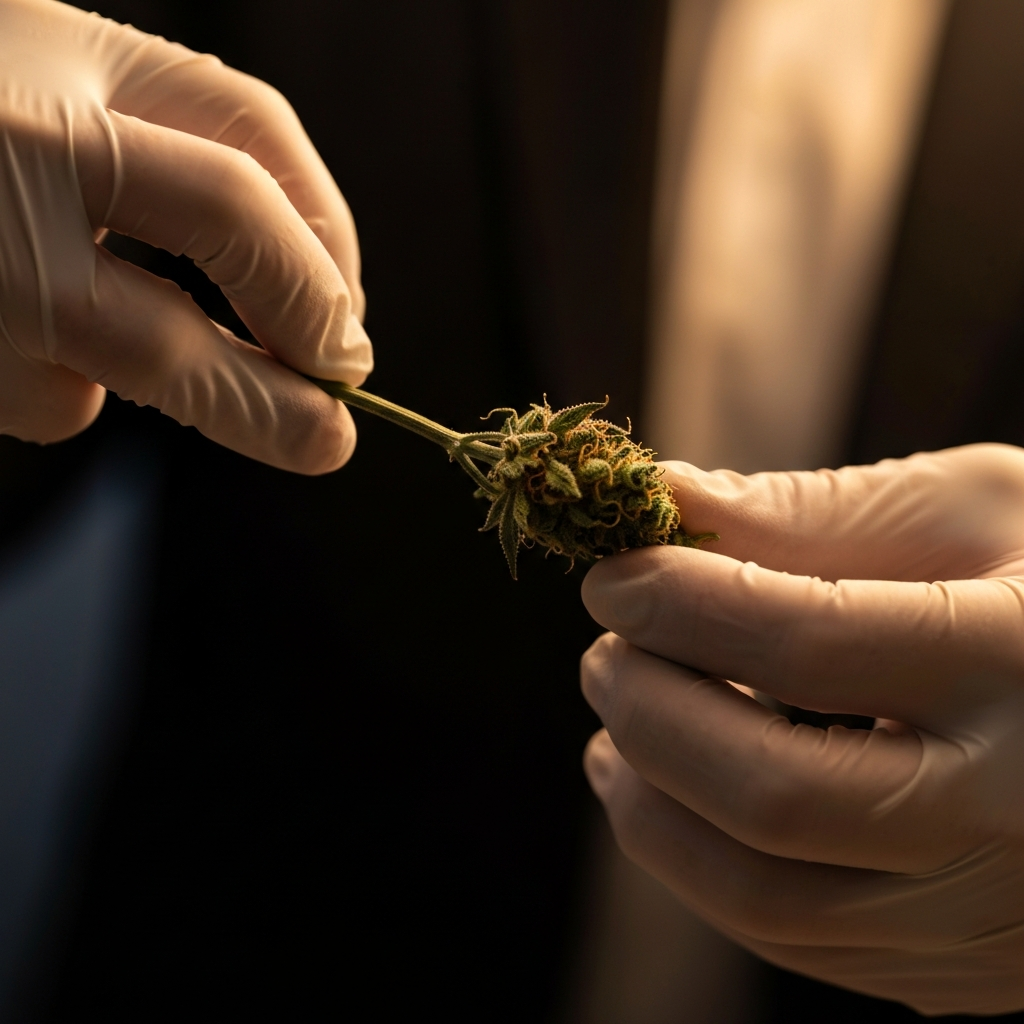 A gloved hand gently bending a cannabis stem to test its dryness. The background is blurred to focus on the hand and stem. The lighting is warm and inviting, suggesting a careful and attentive approach to the drying process.