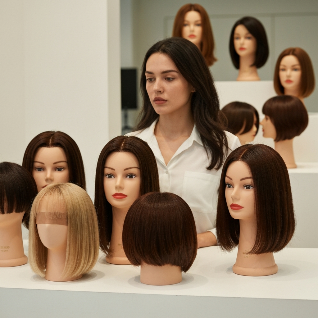 A brightly lit hair salon with a diverse selection of hair toppers displayed on mannequin heads. The toppers vary in length, color, and base size. Soft focus on the background to emphasize the selection.